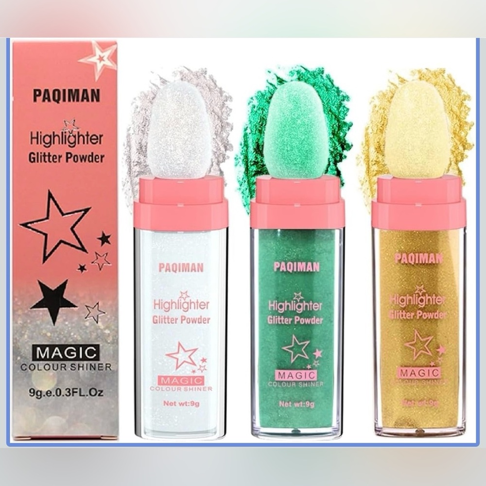 New 3 Color Glitter Powder, Body Sparkling Highlighter, White, Green, Gold